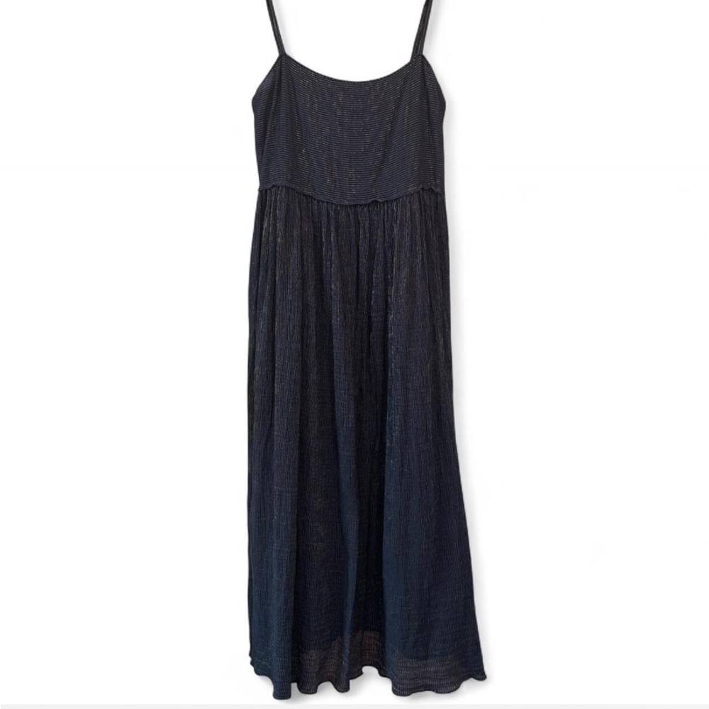 POMANDÉRE Navy Midi Dress With Fine Metallic Stripe